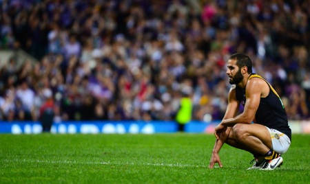 Bachar Houli of the Richmond Tigers is unhappy after the 2013 AFL round 05 match between the Fremantle Dockers and the Richmond Tigers at Patersons Stadium, Perth on April 26, 2013. (Photo: Daniel Carson/AFL Media)